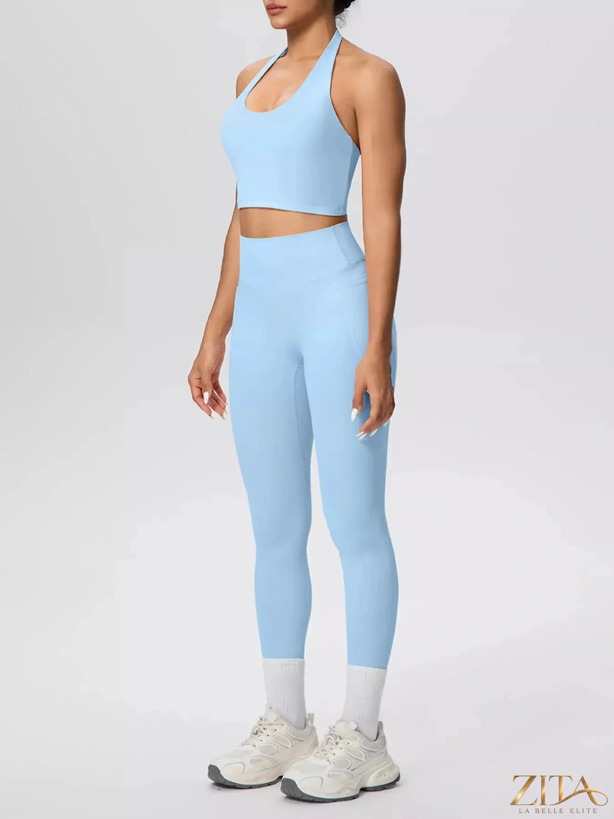 Zita La Belle Elite halter neck crop top and high-waisted leggings active set, black, fitted athletic workout apparel.
