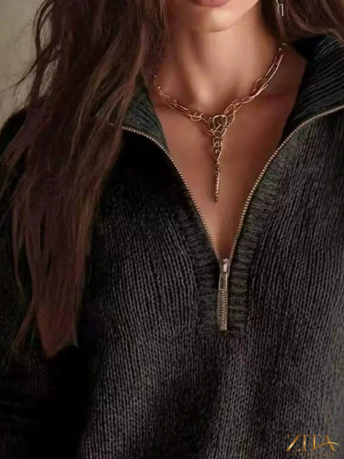 Zita La Belle Elite half zip dropped shoulder sweater in soft knit fabric, shown in a relaxed fit with a high collar.