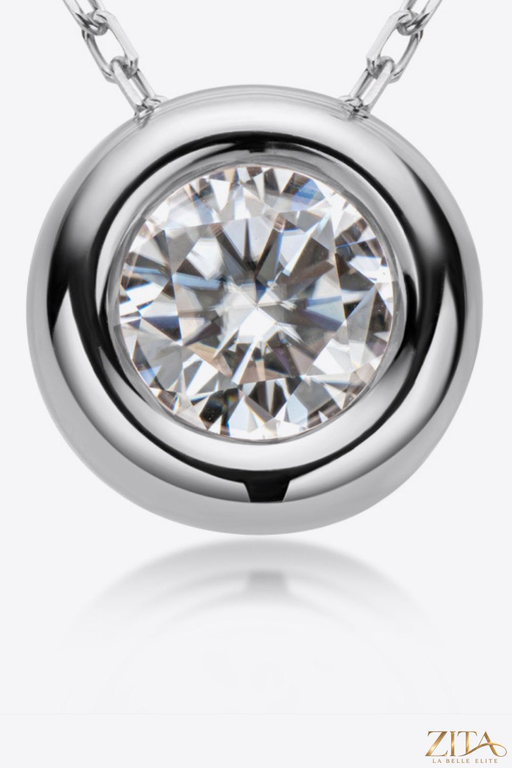 Sterling silver necklace with 1 carat moissanite pendant, featuring a sparkling gemstone on a delicate chain.