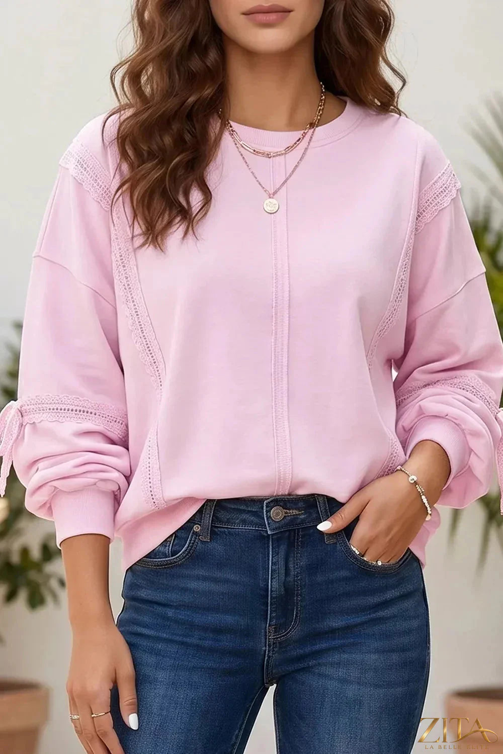 Zita La Belle Elite solid color raw seam lace detail loose casual sweatshirt with relaxed fit and stylish design.