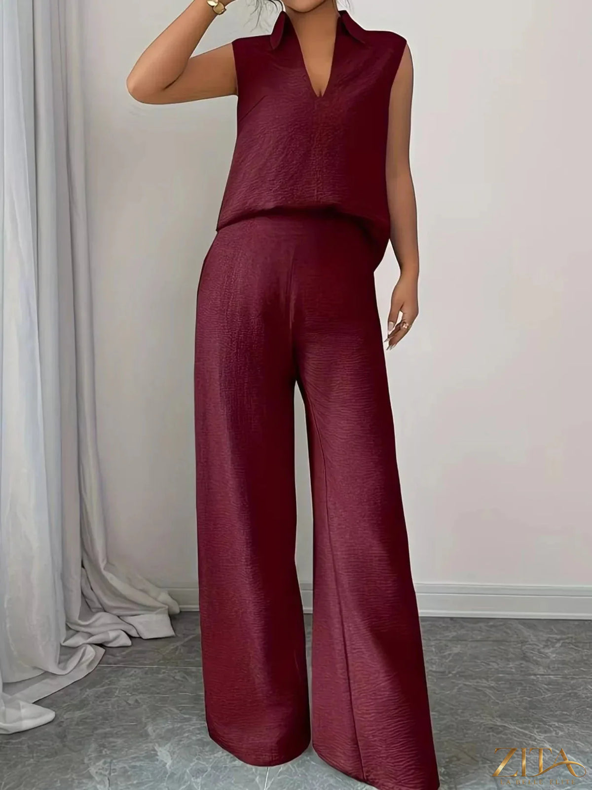 Zita La Belle Elite sleeveless top and wide-leg pants set in soft fabric, shown on a hanger with a neutral background.