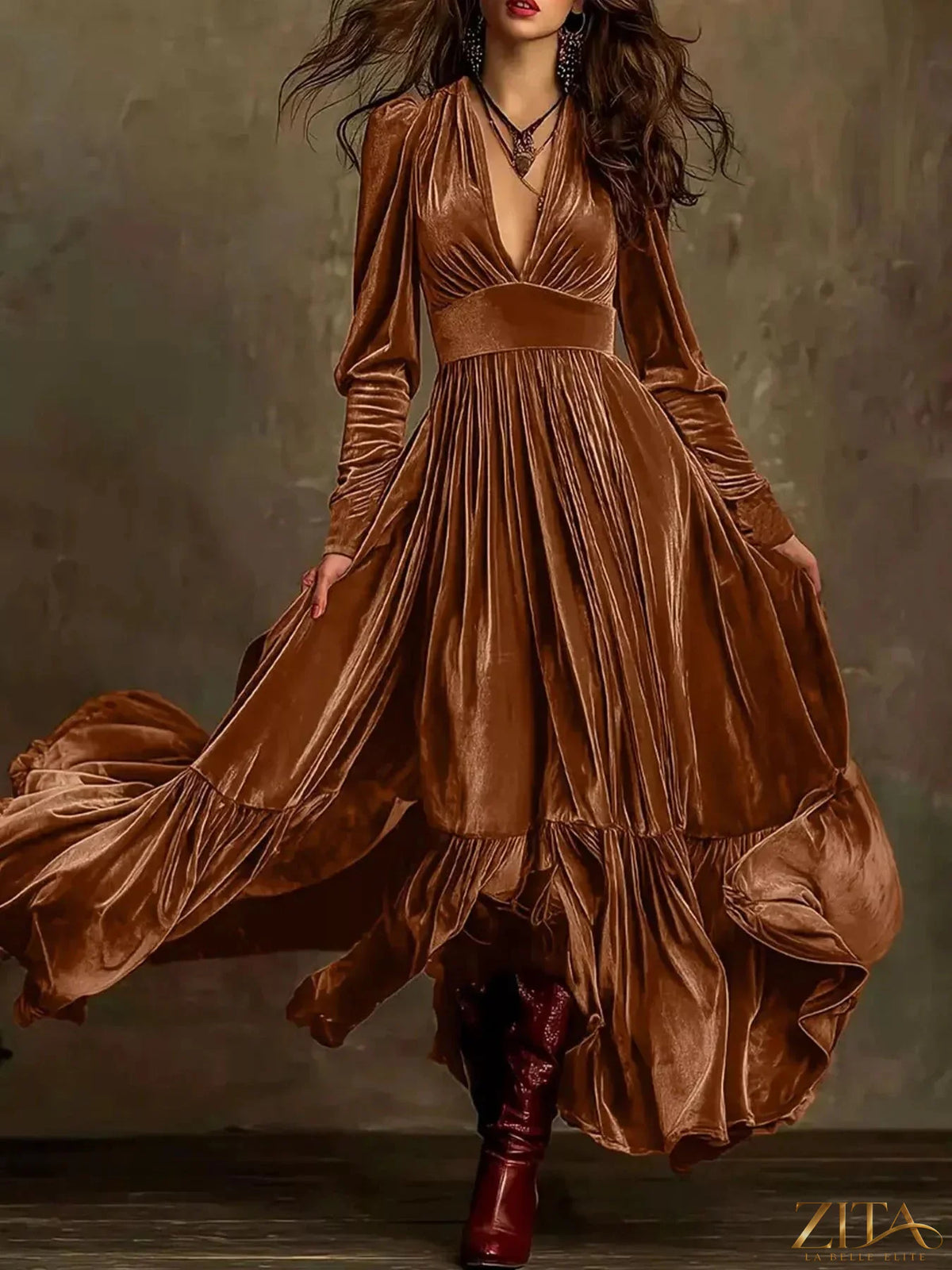 Elegant velvet V-neck long sleeve maxi dress by Zita La Belle Elite, featuring a flowing silhouette and luxurious fabric.