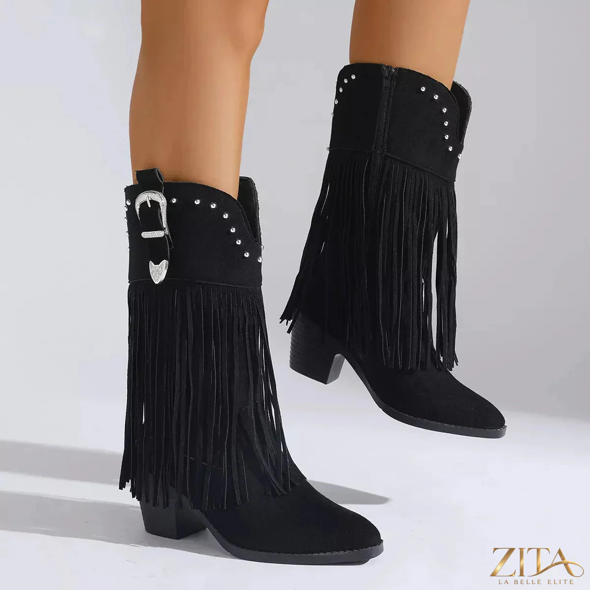 Zita La Belle Elite fringe round toe block heels boots with stylish design and ankle-high length, featuring decorative fringe details.