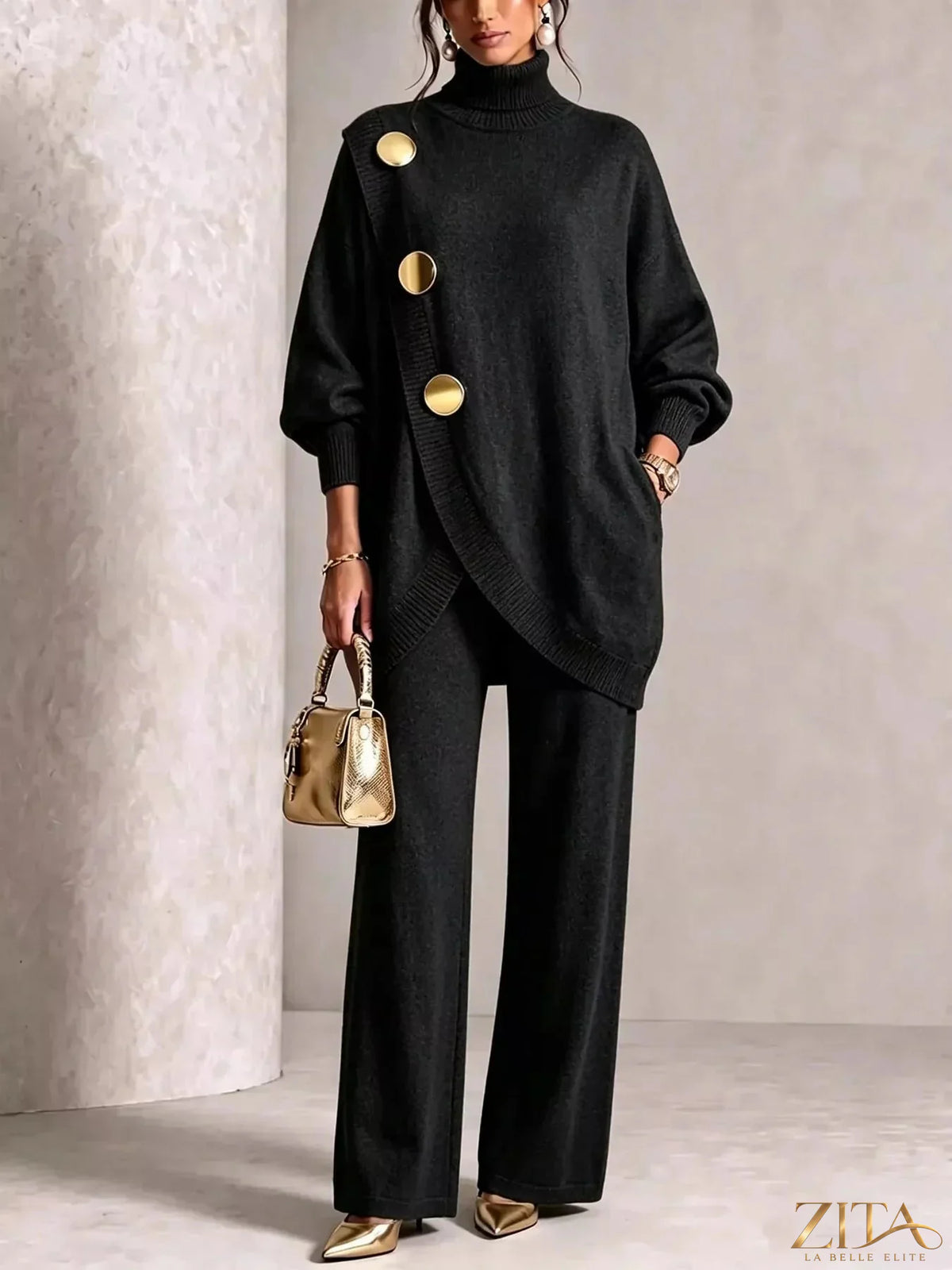 Gold button accent turtleneck sweater and matching pants set by Trendsi, featuring a stylish, fitted design with gold button details.