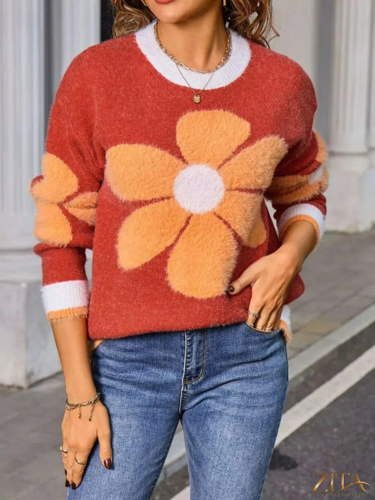 Zita La Belle Elite floral round neck sweater with colorful flower pattern, soft knit fabric, and ribbed cuffs.