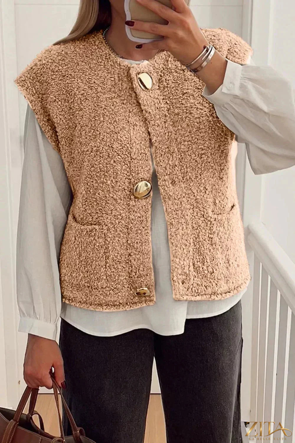 Zita La Belle Elite fleece button-down vest coat in cozy, warm fabric, shown with front view and button details