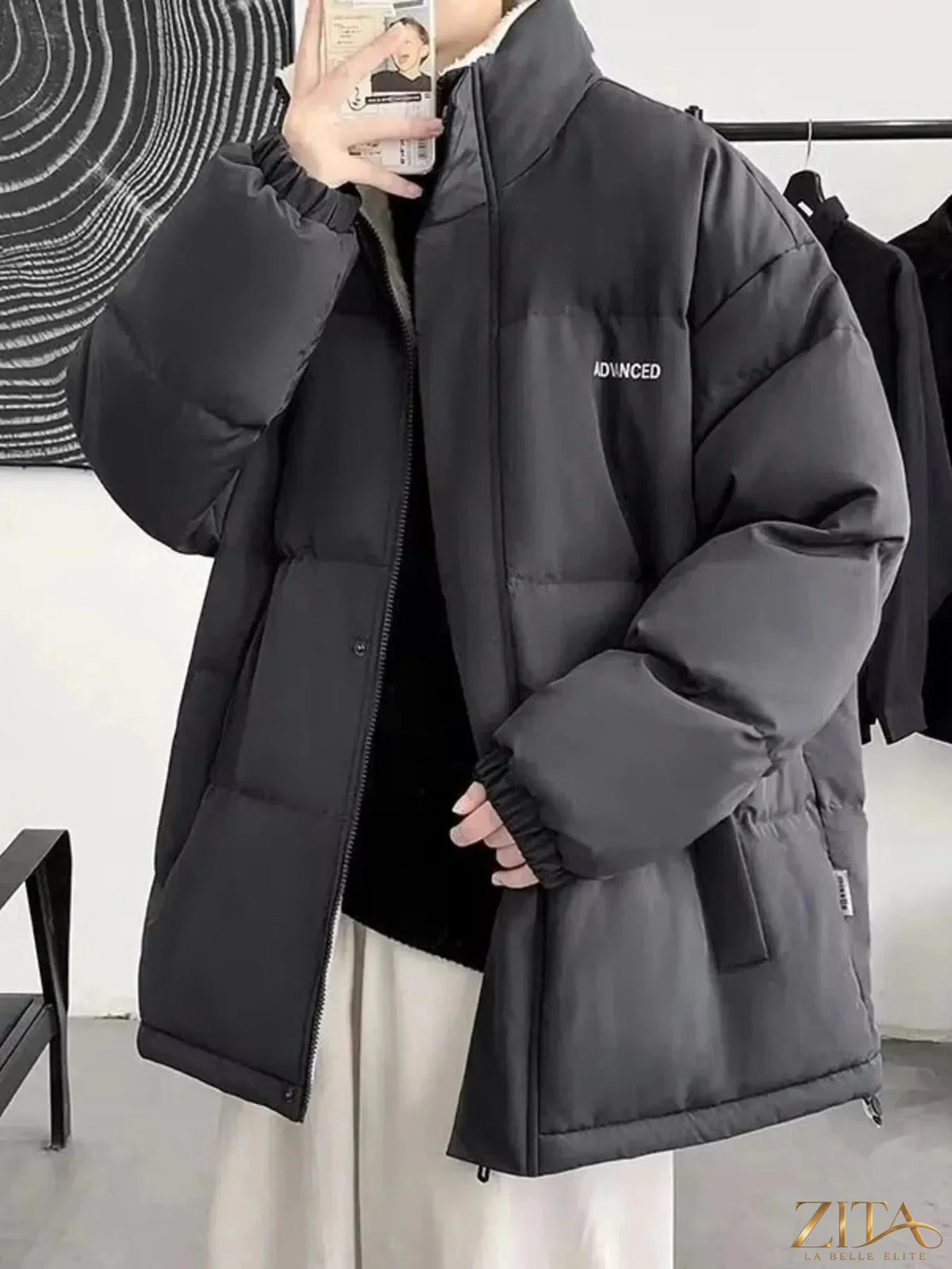 Men's plus size quilted puff jacket by Zita La Belle Elite with snap-down front and quilted design, shown in black.