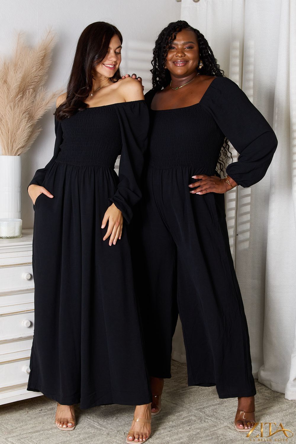 Zita La Belle Elite double take square neck jumpsuit with pockets, stylish black jumpsuit shown from the front.