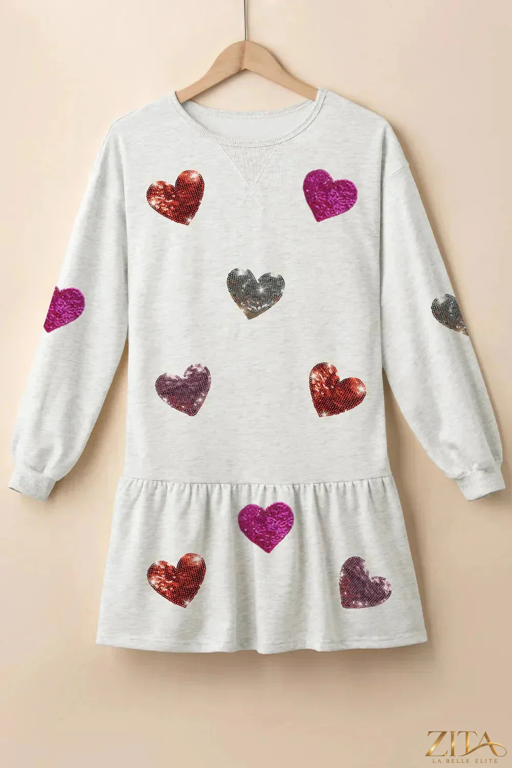 Zita La Belle Elite sequin heart round neck long sleeve mini dress, shiny fabric with heart design, fitted silhouette, stylish party wear