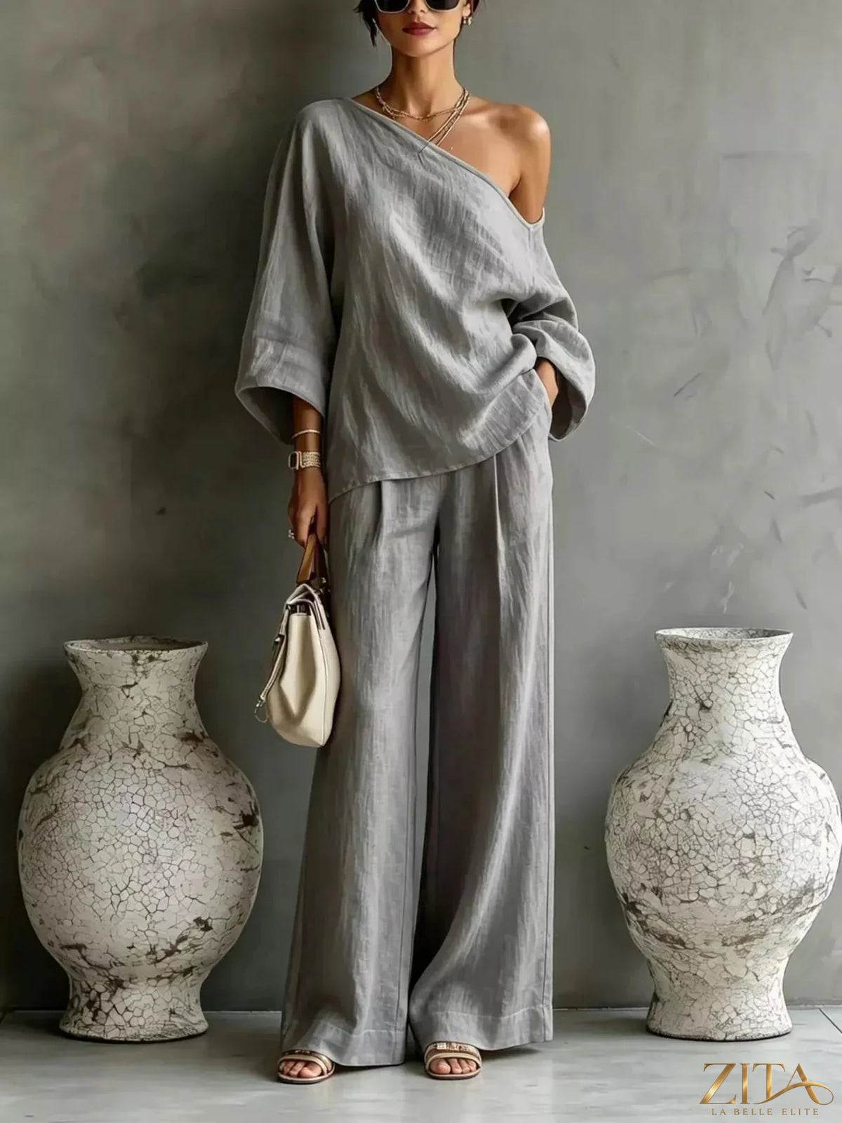 Zita La Belle Elite one shoulder top and wide leg pants set, stylish fashion outfit, shown in a coordinated look.
