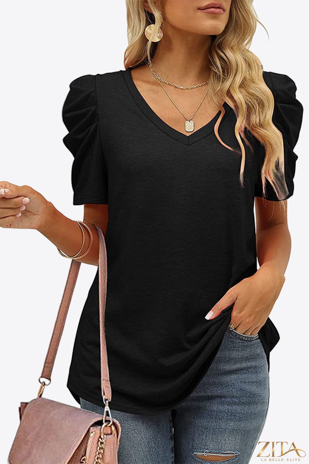 V-neck puff sleeve tee in soft fabric featuring a trendy silhouette, designed by Trendsi.