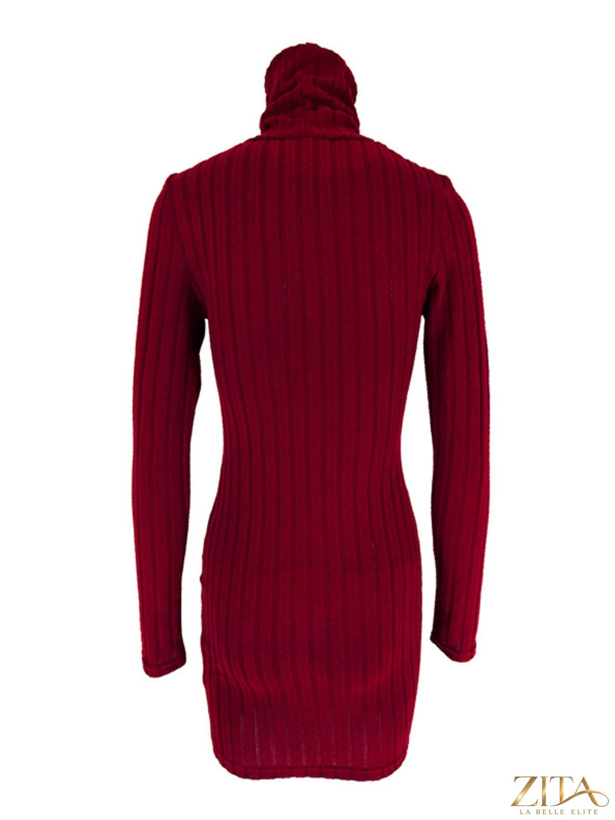 Ribbed black turtleneck bodycon mini dress by Trendsi, fitted design with long sleeves and a high neckline, close-up view.