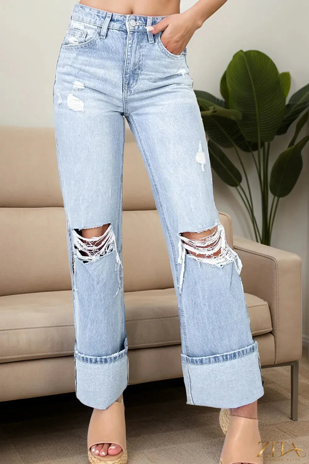 Zita La Belle Elite distressed high waist jeans with front and back pockets, showcasing a trendy, worn-in denim style.