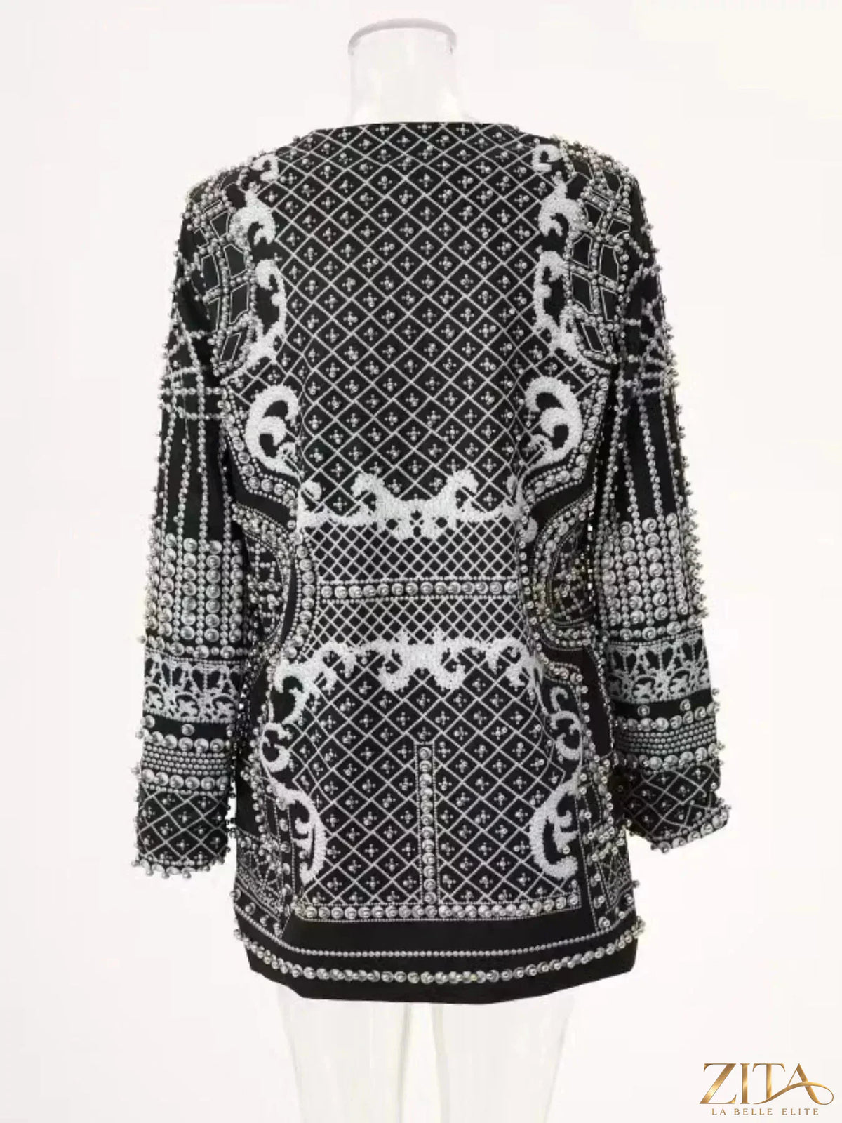 Plus size Zita La Belle Elite blazer with full size fit, embellished pearl details, and one-button front, stylish and elegant.