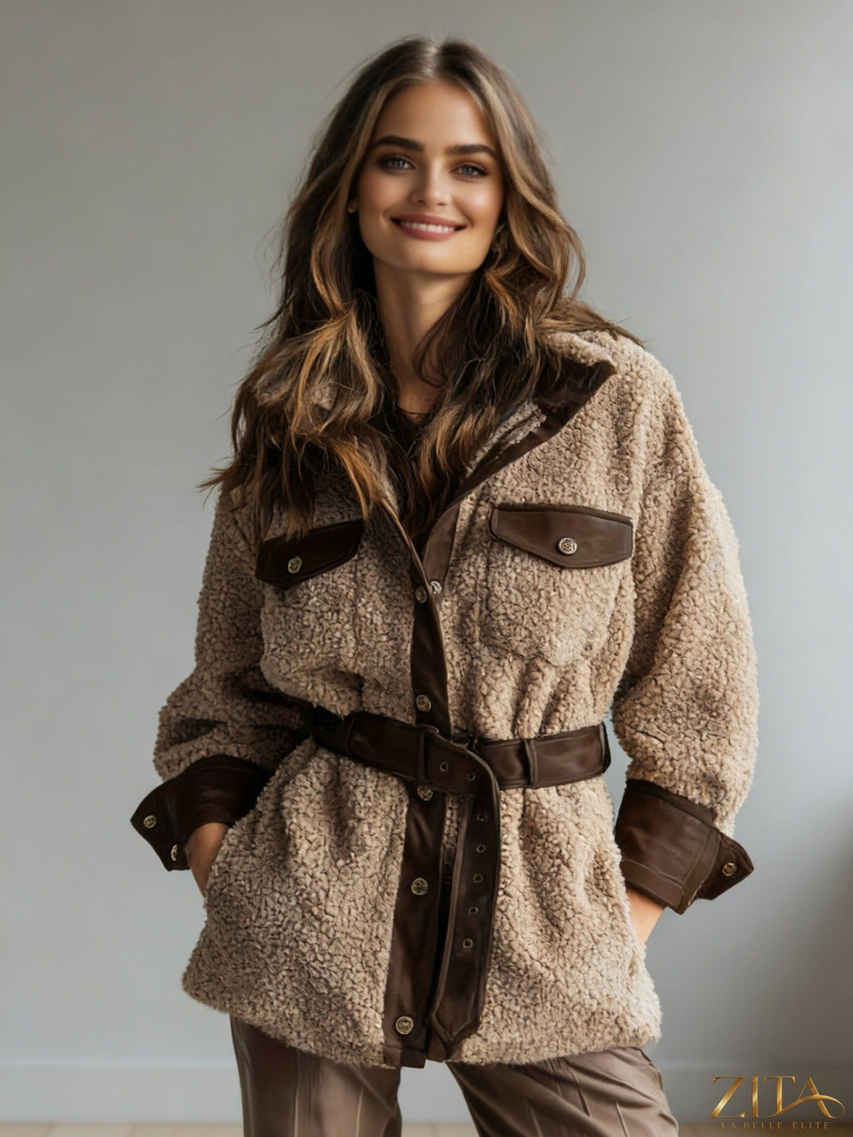 Zita La Belle Elite women's vintage PU leather jacket with lamb fur lining, autumn winter coat, stylish and warm outerwear.