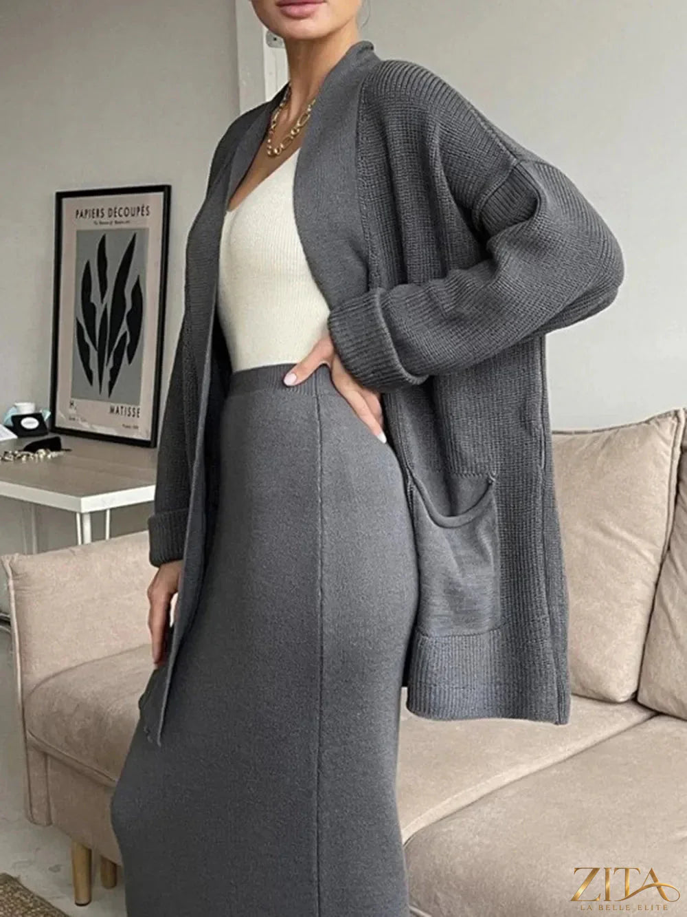 Zita La Belle Elite pocketed long sleeve cardigan and matching skirt sweater set, soft knit fabric, in neutral tones.
