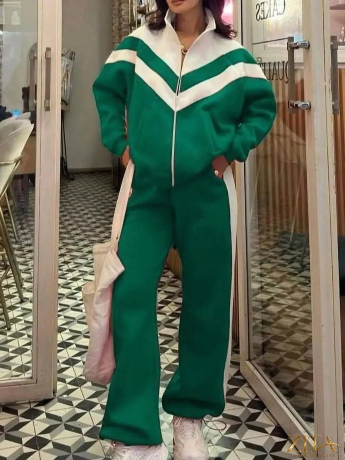 Zita La Belle Elite color block zip-up outerwear and matching pants set, featuring vibrant color blocks and a sporty design.