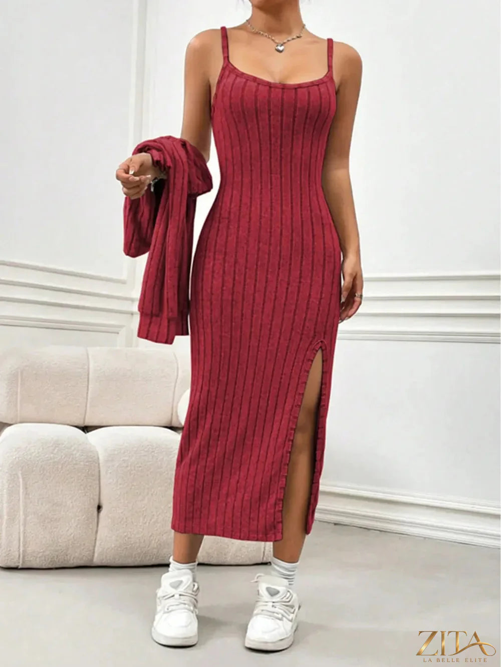 Zita La Belle Elite ribbed long sleeve cropped cardigan and slit cami dress set, featuring textured knit and stylish layered design.