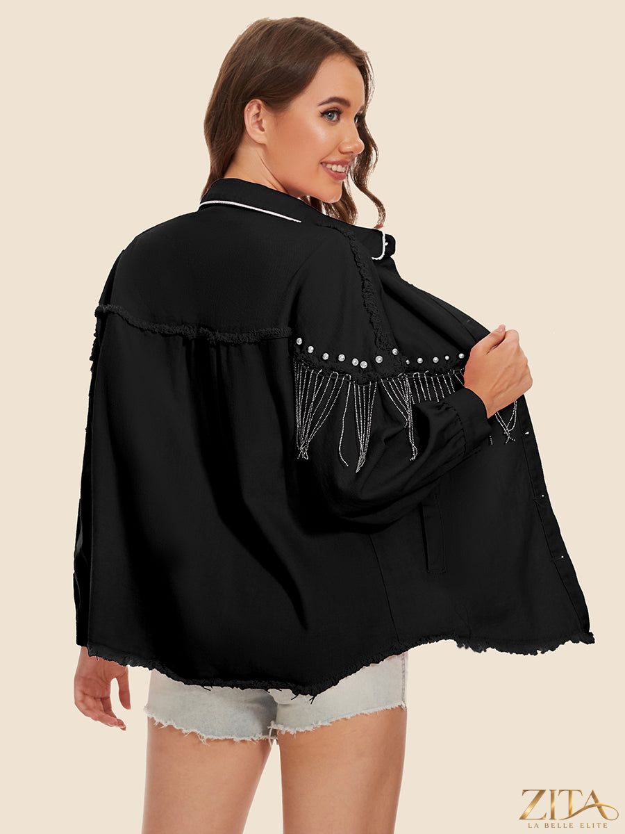 Zita La Belle Elite raw hem denim jacket with fringe detail, showcasing distressed denim and stylish boho-inspired design.