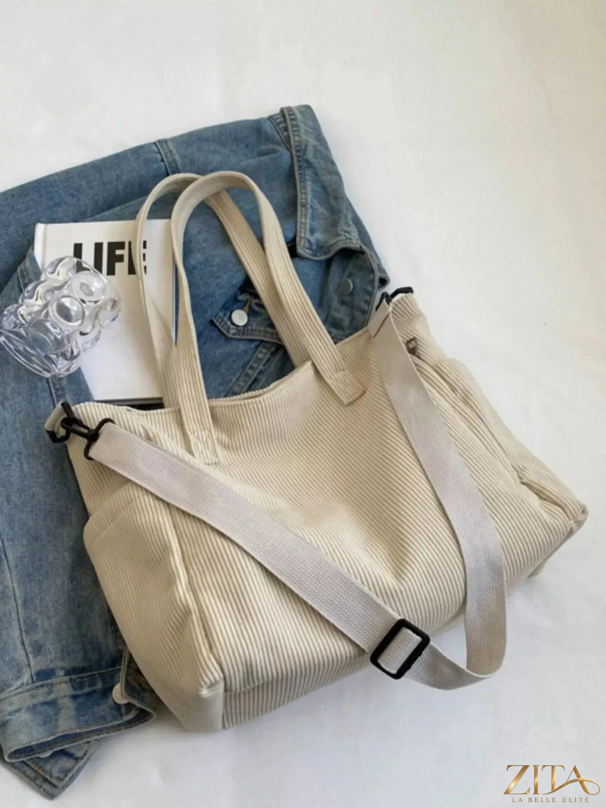 Zita La Belle Elite corduroy solid color handbag with top handle and zipper closure, stylish accessory for everyday use