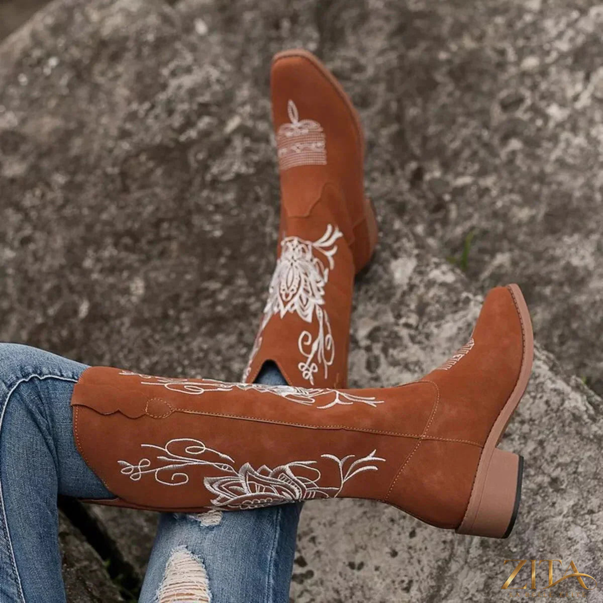 Zita La Belle Elite embroidered block heels boots featuring intricate embroidery and sturdy block heel design.
