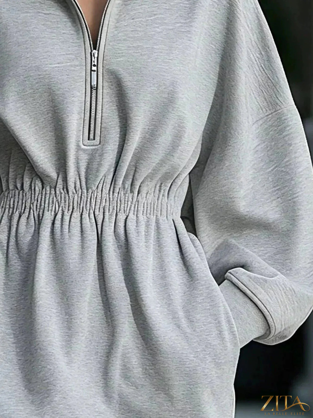 Zita La Belle Elite casual hooded quarter-zip sweatshirt dress in soft fabric, featuring a relaxed fit and hooded neckline.