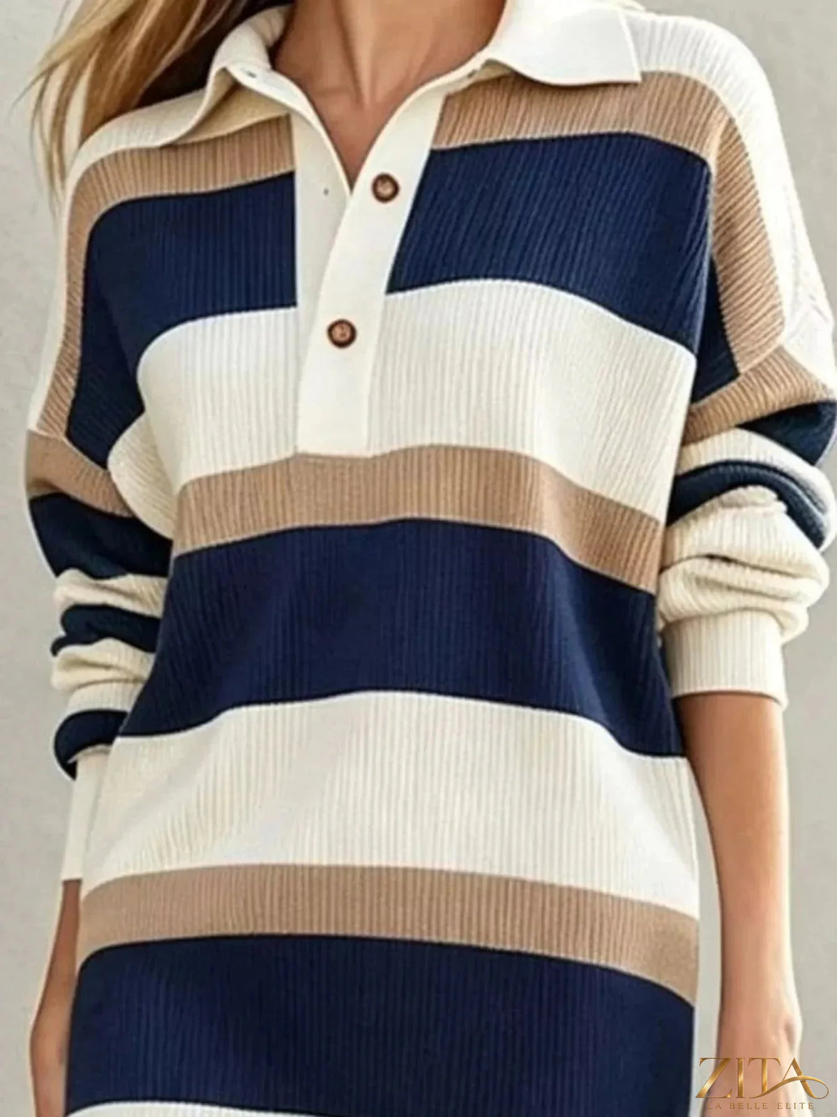 Zita La Belle Elite striped polo collar long sleeve sweater dress with a fitted silhouette and ribbed cuffs.