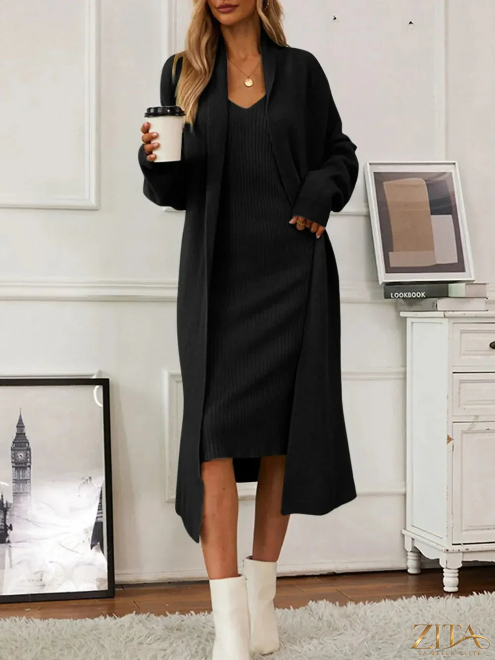 Zita La Belle Elite V-Neck Cami Dress and open front cardigan sweater set, stylish and comfortable for casual wear.