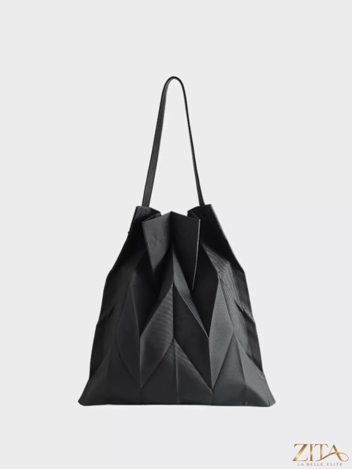 Zita La Belle Elite minimalist geometric pleated tote handbag in neutral tones, showcasing its sleek design and structured shape.