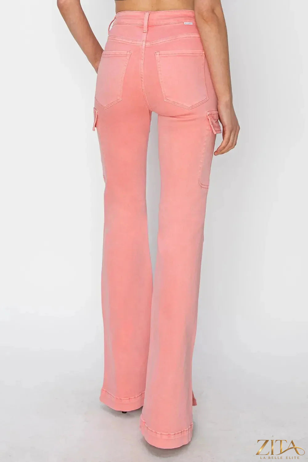 Zita La Belle Elite RISEN full size high rise cargo bootcut jeans with side slits, dark denim, and classic five-pocket design.