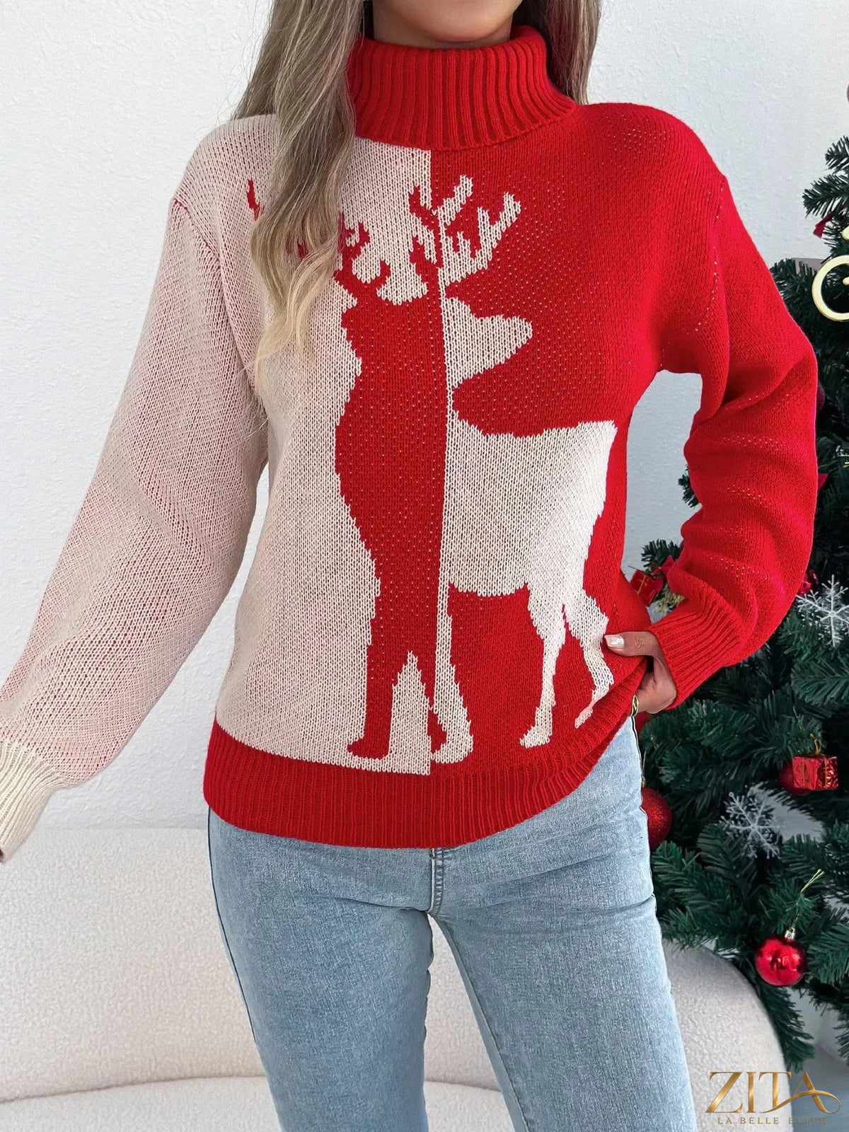 Red Christmas reindeer turtleneck sweater by Trendsi featuring festive reindeer pattern on cozy knit fabric.