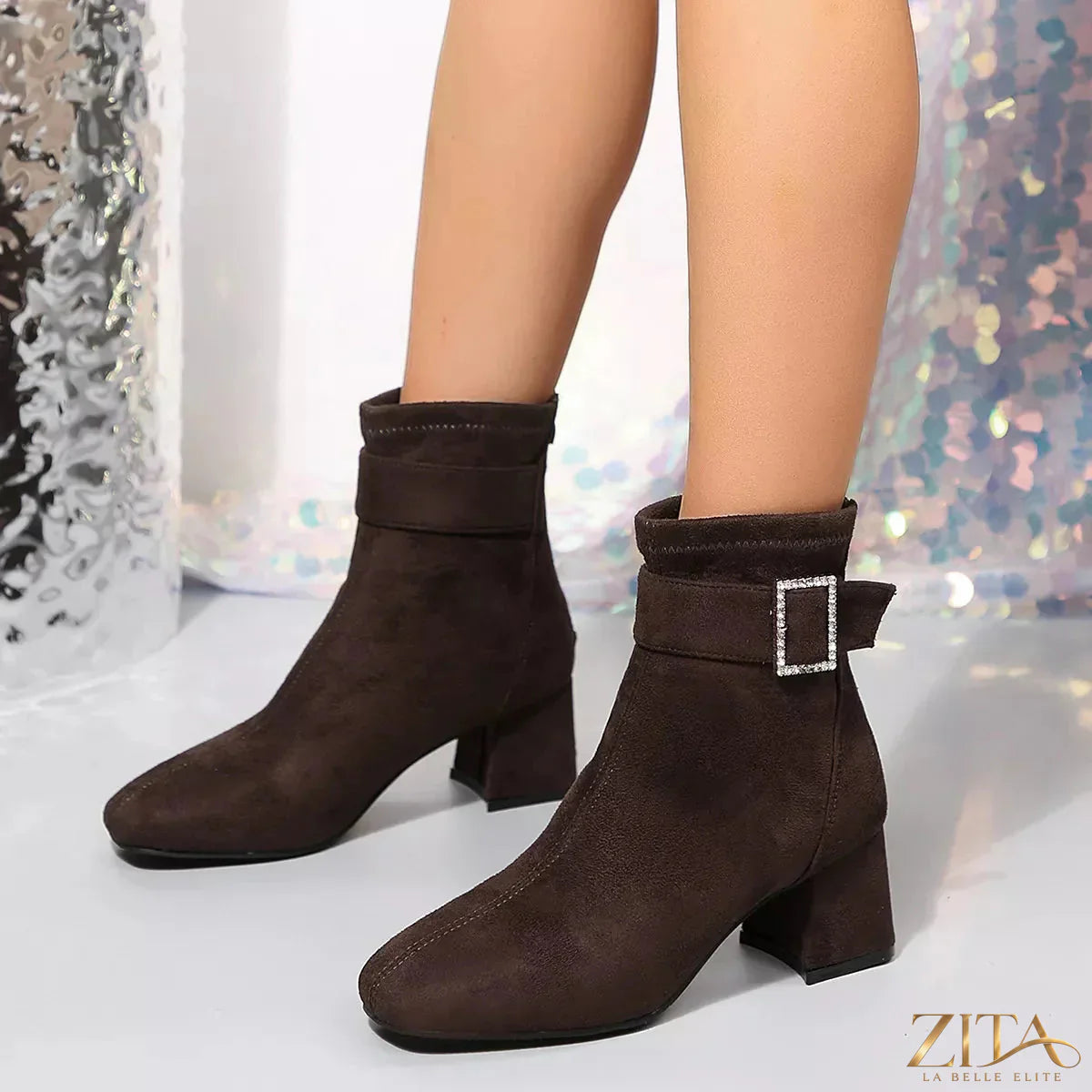 Zita La Belle Elite round toe block heel boots with chunky heels and sleek black leather finish.