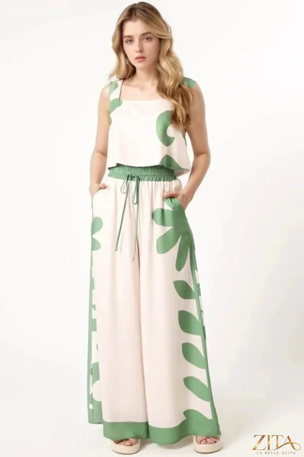 Zita La Belle Elite leaf print tank top and pants set, lightweight fabric with tropical leaf pattern, casual summer outfit.