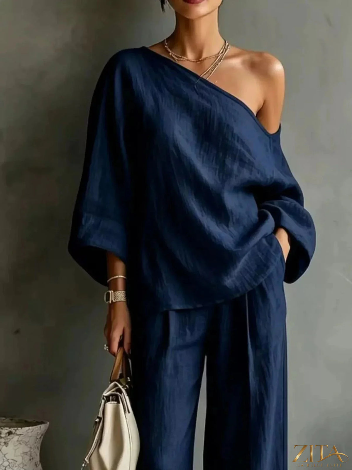 Zita La Belle Elite one shoulder top and wide-leg pants set, stylish and chic fashion ensemble, in a flattering fit.
