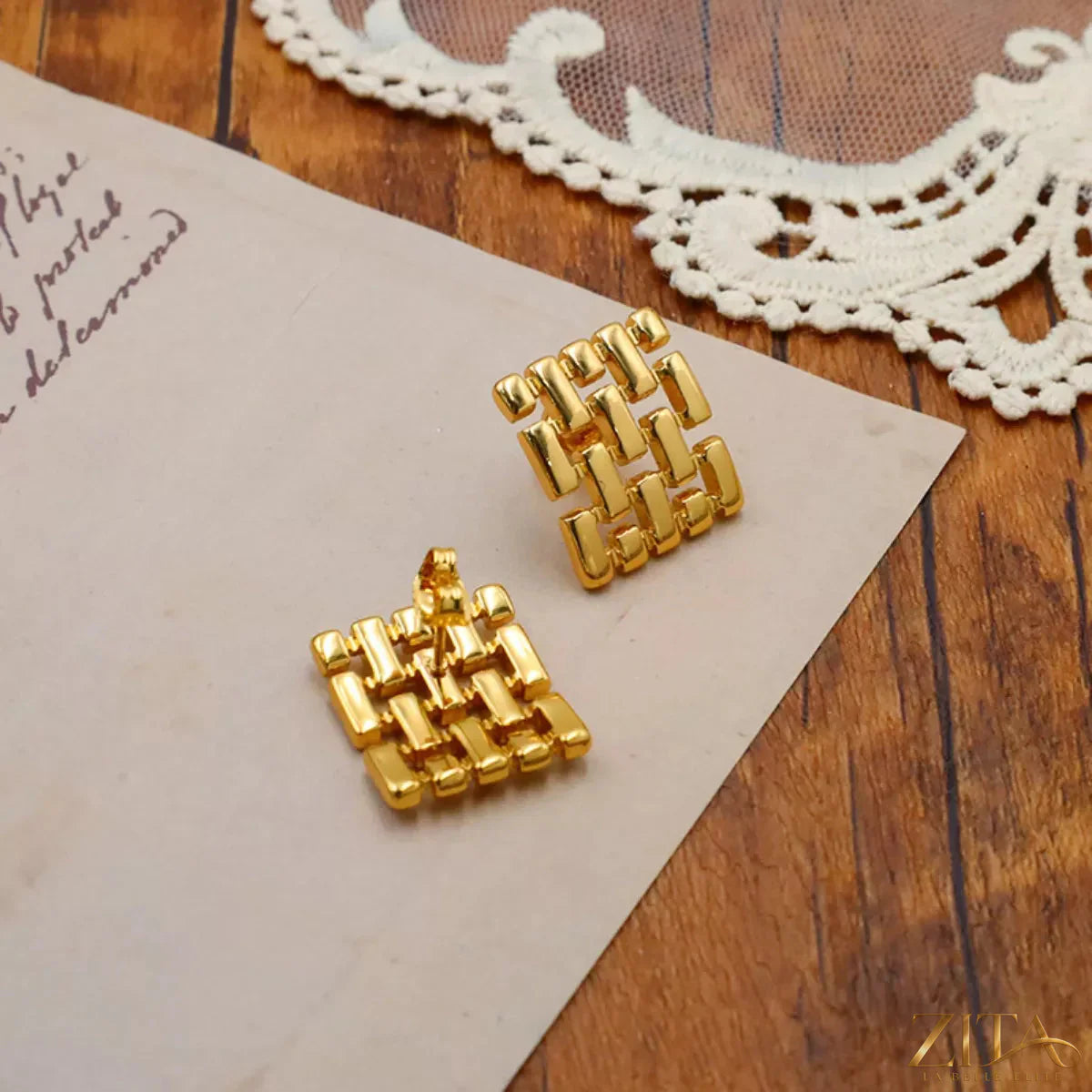 18K gold-plated geometric stud earrings by Zita La Belle Elite featuring modern, minimalist square designs.