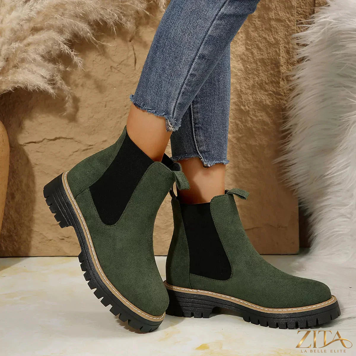 Zita La Belle Elite round toe platform boots with chunky heel and stylish design, shown on a model's feet.