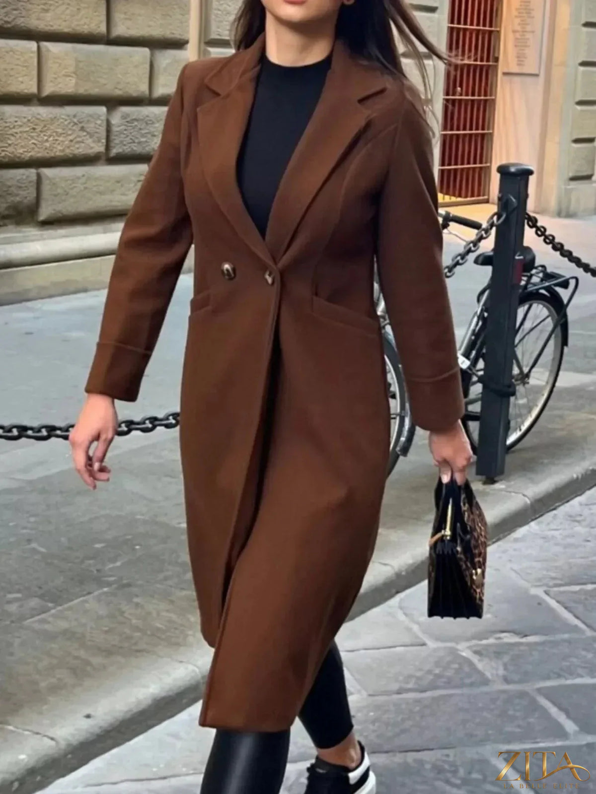 Zita La Belle Elite wool blend overcoat with a lapel collar, featuring a tailored fit and classic design in neutral color.