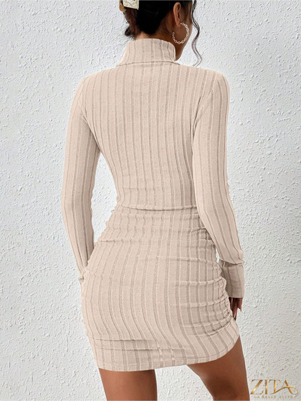 Ribbed turtleneck bodycon mini dress by Trendsi, featuring a fitted silhouette and long sleeves in a stylish ribbed fabric.