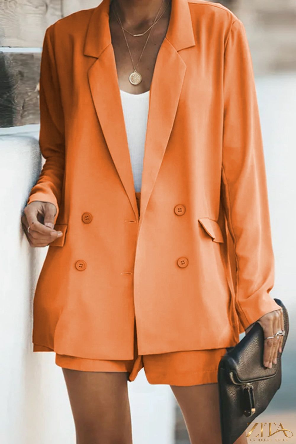 Zita La Belle Elite longline blazer and shorts set with pockets, tailored for a chic, stylish look, shown on a model.