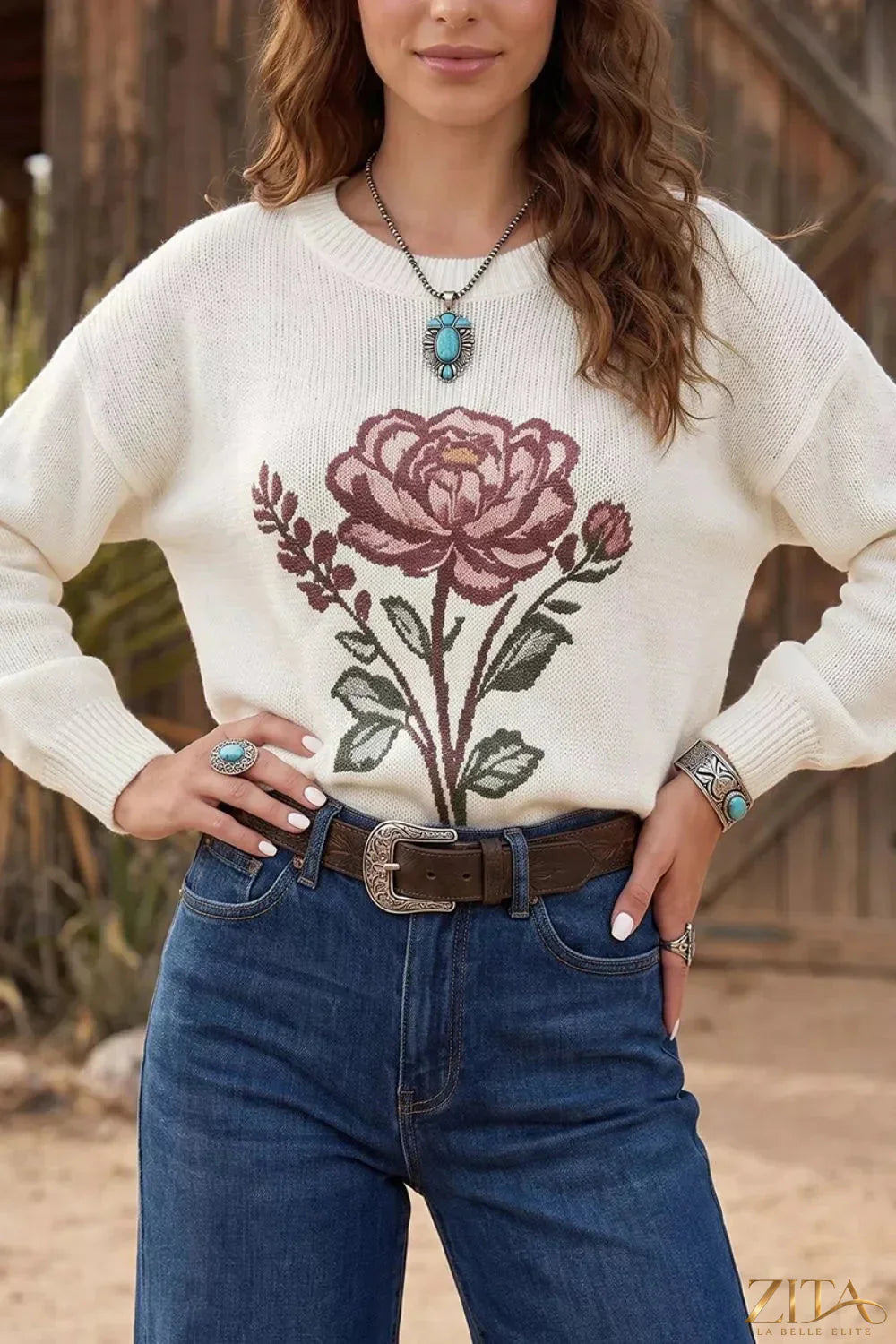 Zita La Belle Elite rose dropped shoulder sweater featuring a soft knit fabric and relaxed fit on a model.