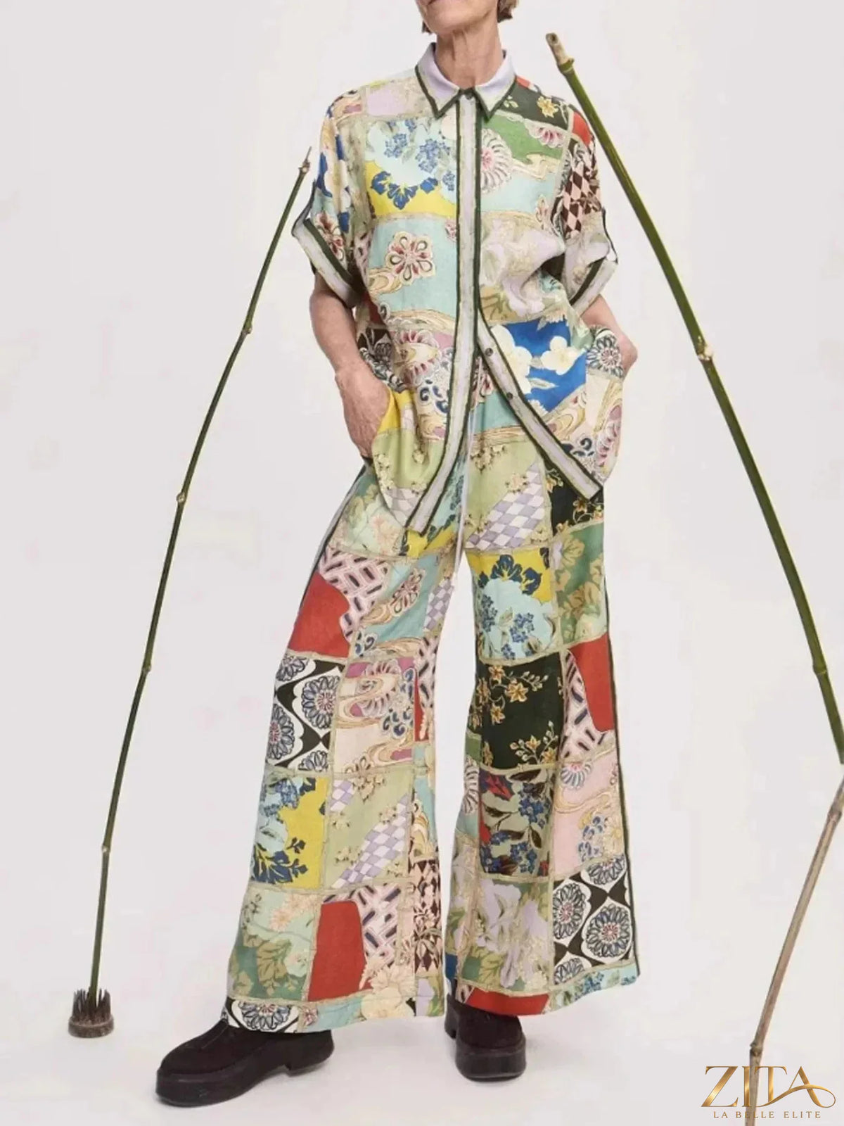 Zita La Belle Elite printed button-up shirt and matching pants set, casual stylish outfit with vibrant pattern and tailored fit.