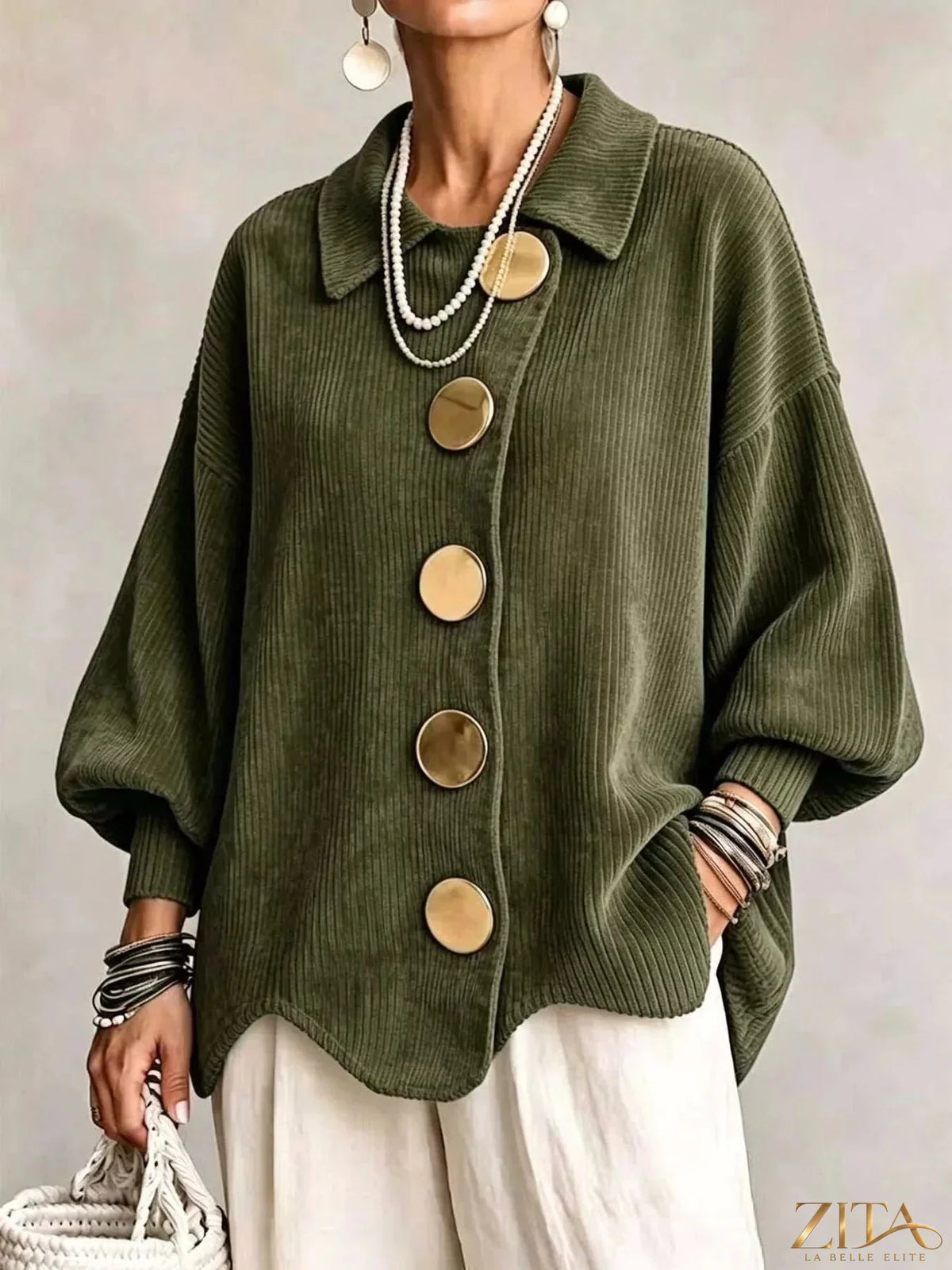Plus size Zita La Belle Elite ribbed knit cardigan with gold buttons, full-length, cozy and stylish women's knitwear.