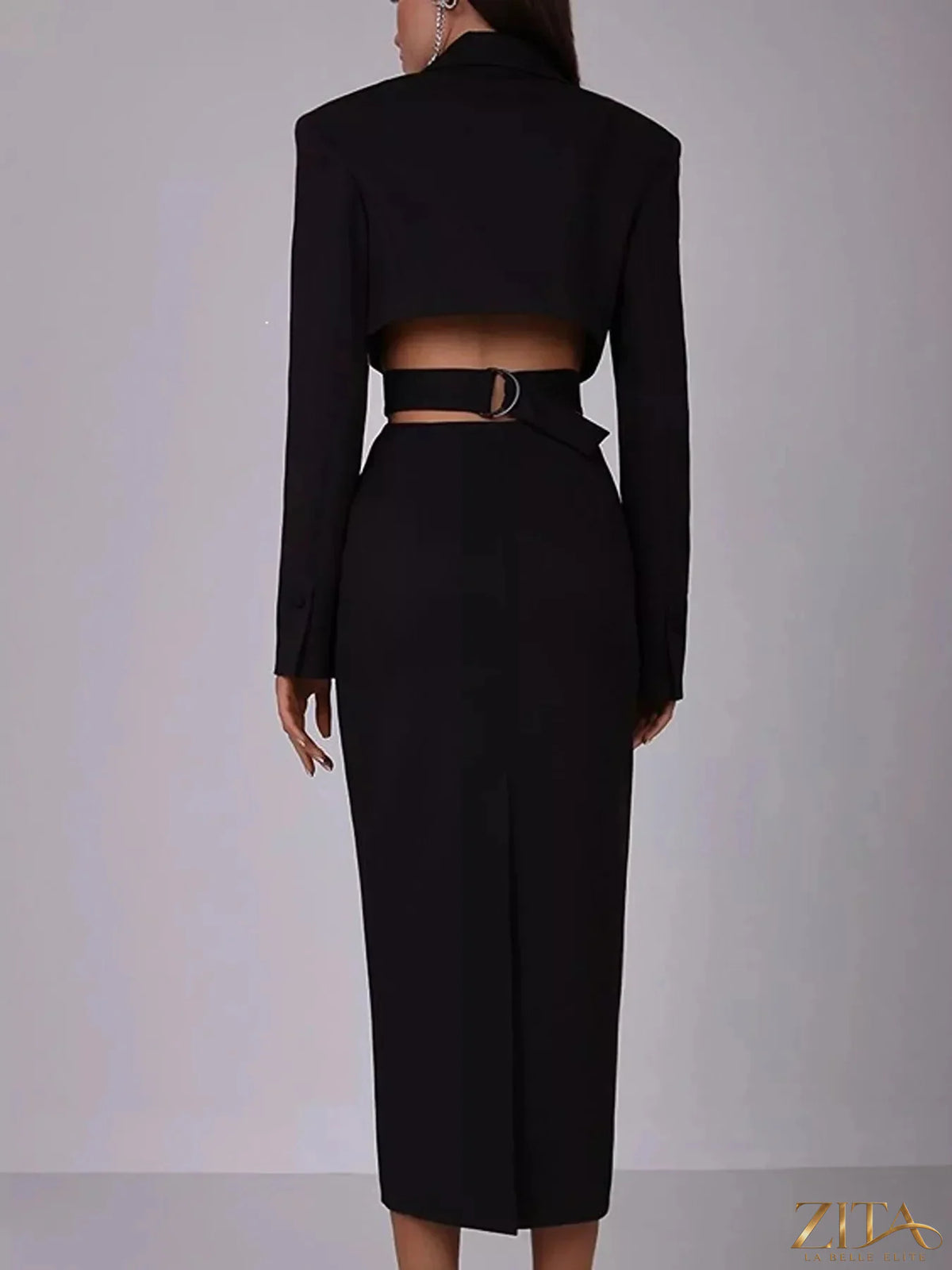 Zita La Belle Elite button-down blazer dress with cut-out waist, tailored fit, and stylish lapel collar, shown on a model.