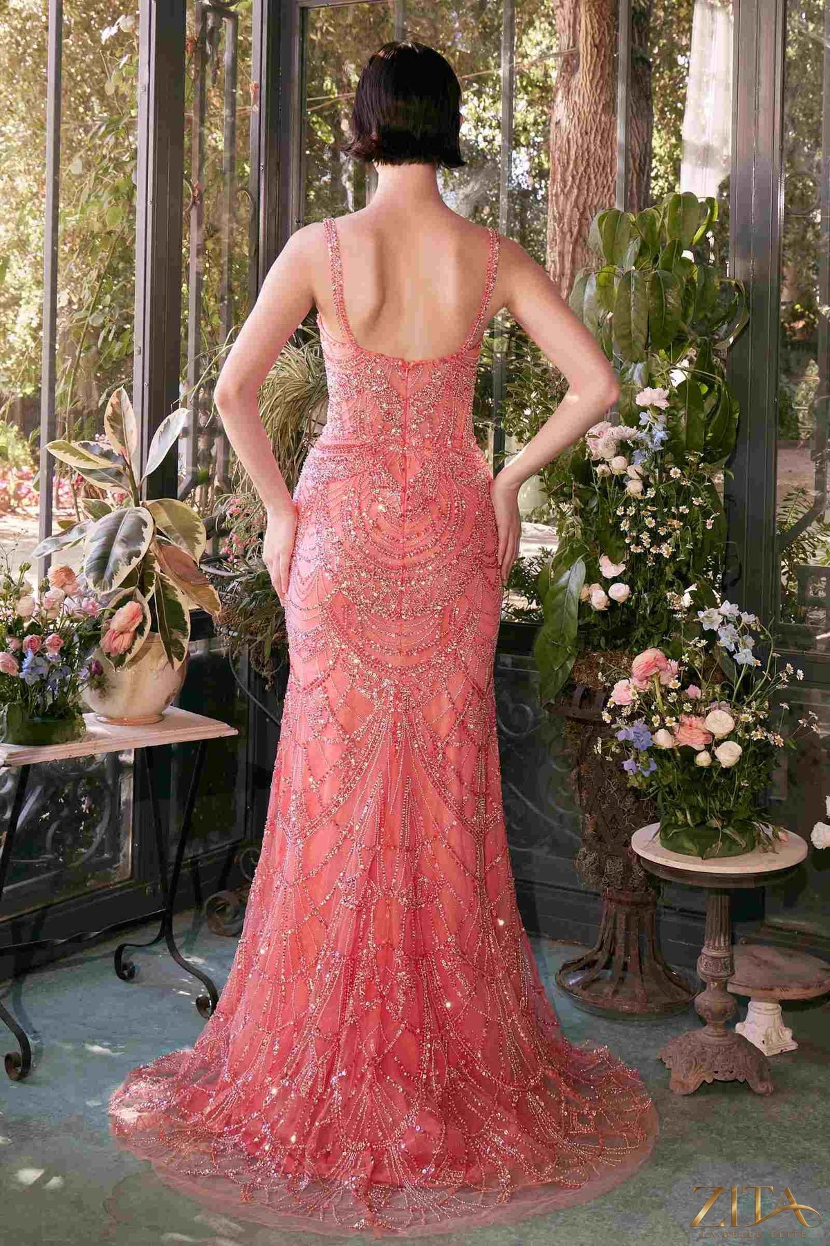 Zita La Belle Elite fitted beaded evening gown in coral, back view