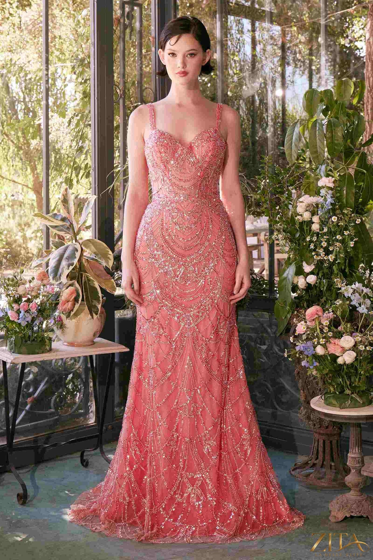 Zita La Belle Elite fitted beaded evening gown in coral, elegant dress with intricate beadwork and a flattering silhouette.