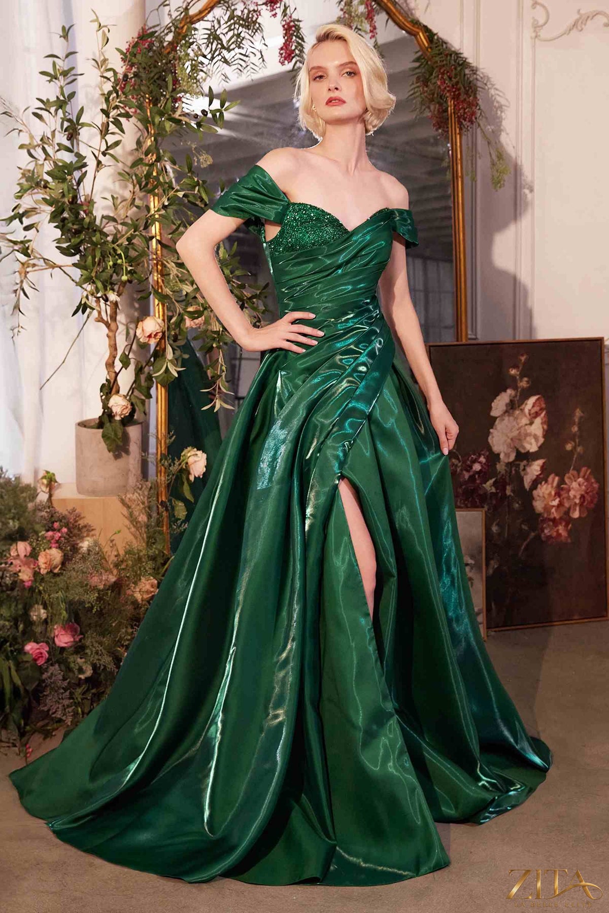 Elegant off-the-shoulder emerald organza ball gown by Zita La Belle Elite, showcased on a model.