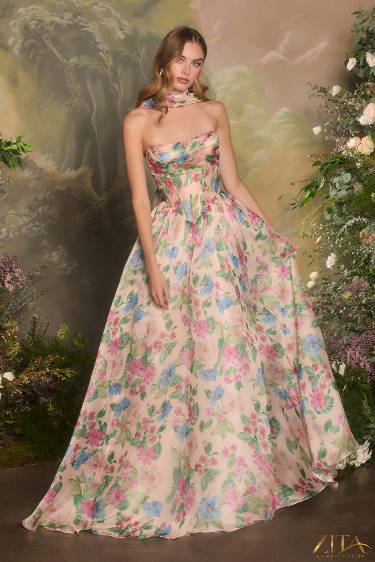 Zita La Belle Elite long A-line strapless corset bodice evening gown with pink and blue floral print