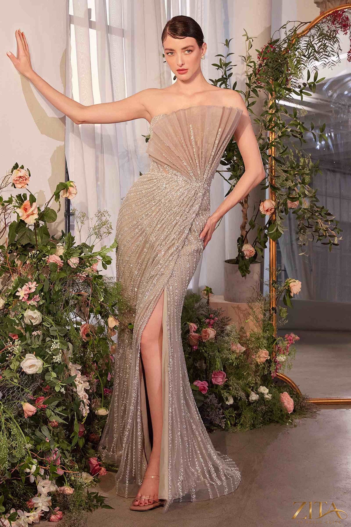 Zita La Belle Elite pleated fan bodice fitted pearl evening gown in champagne hues