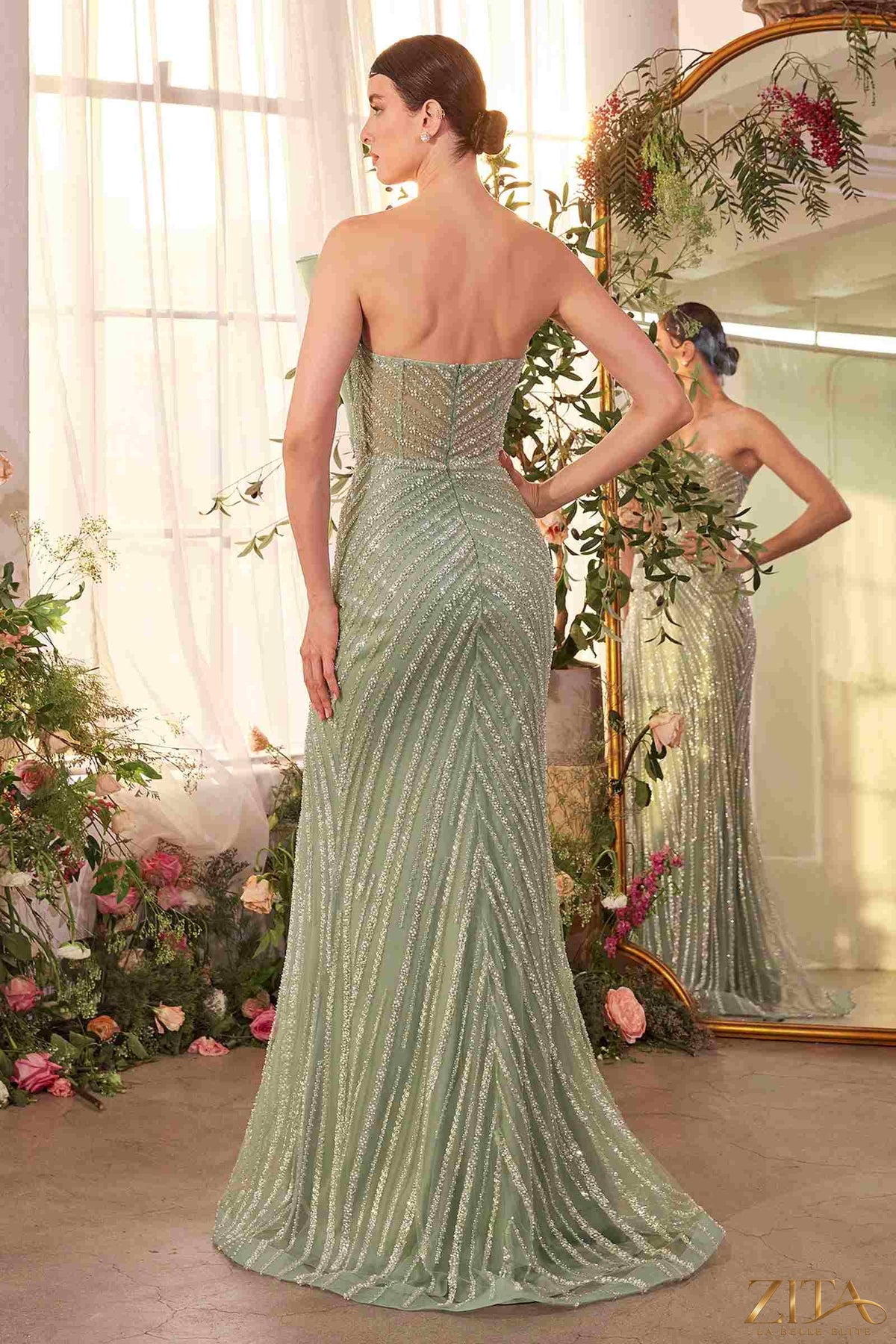 Zita La Belle Elite pleated fan bodice fitted pearl evening gown in sage, back view