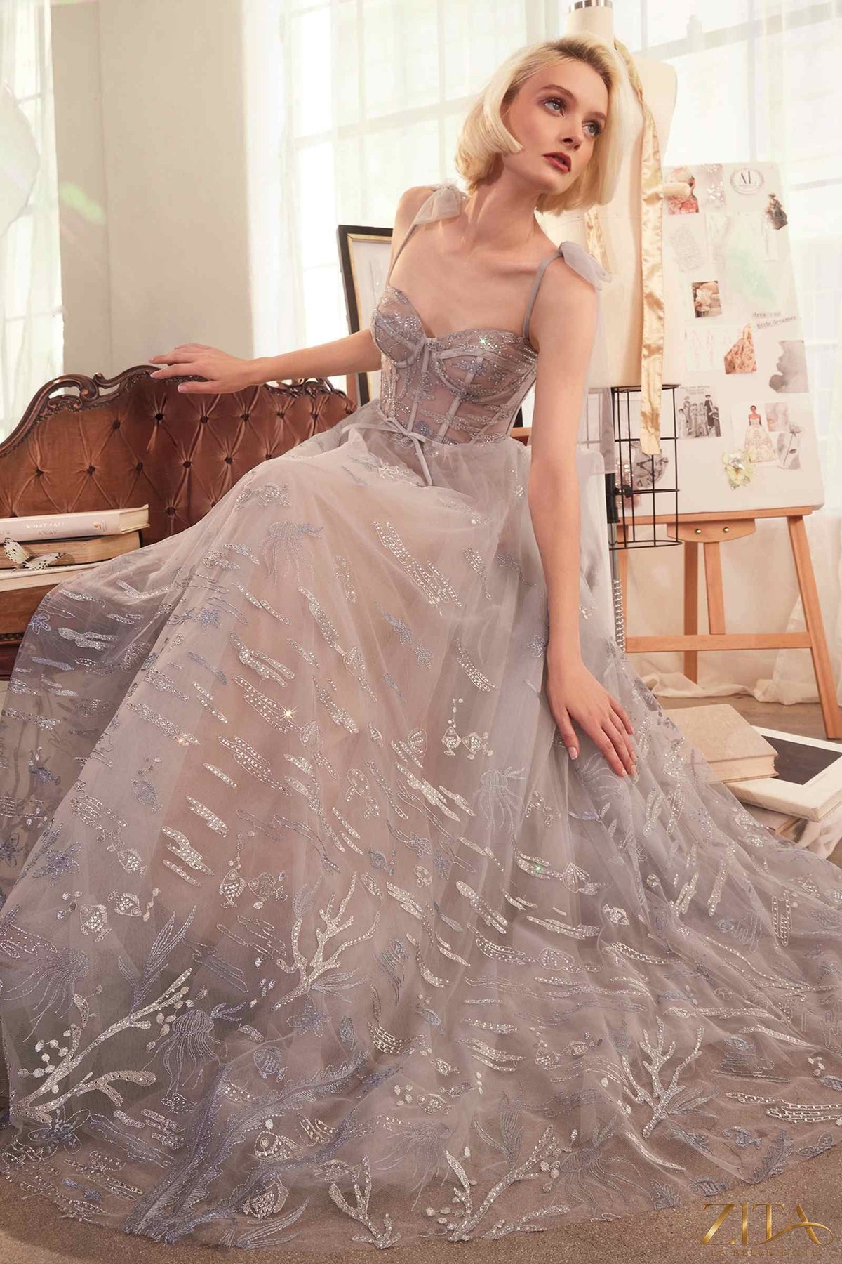Zita La Belle Elite Under The Sea Embroidery silver A-line evening gown with intricate sequin detailing